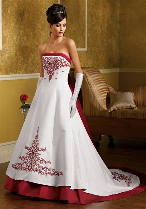 Luxurious Hot Satin Red And White Embroider Sweep Length Dress Wedding Dresses Red Wedding