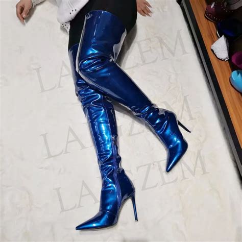 Laigzem Super Sexy Women Over The Knee Boots Stage Party Club Heeled Patent Stiletto Heels Thigh