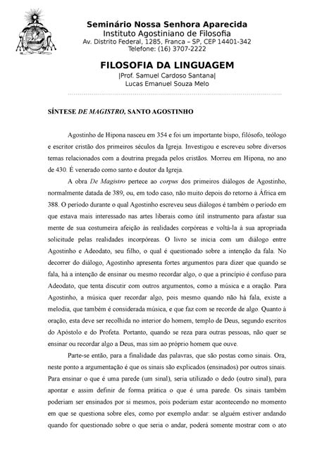 Pensamento De Santo Agostinho Sobre A Educação