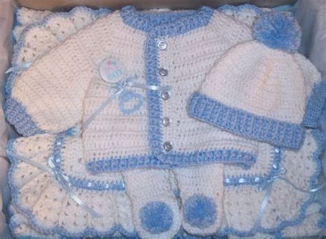 Crochet Baby Boy Outfit Layette Sweater Set In White And Blue With