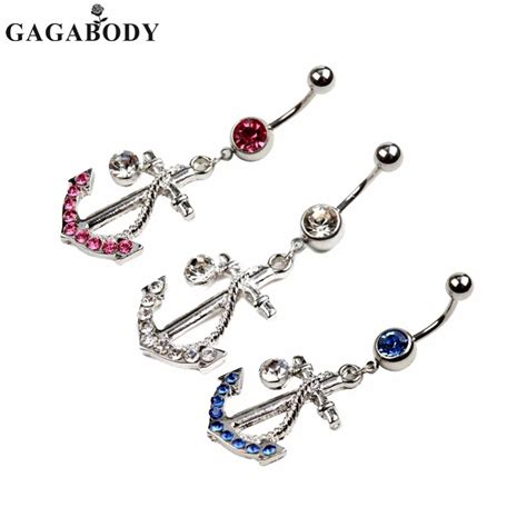 2017 anchor belly button ring 316l surgical steel blue pink white rhinestone belly ring body