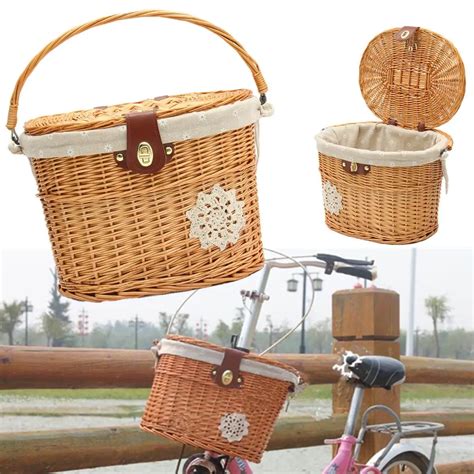 Wicker Willow Bicycle Front Basket Handcraft Washable Linen With Lid