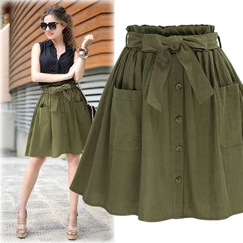 High Elasticity Waist Pocket Skirt Women Army Green Black Cotton 2018