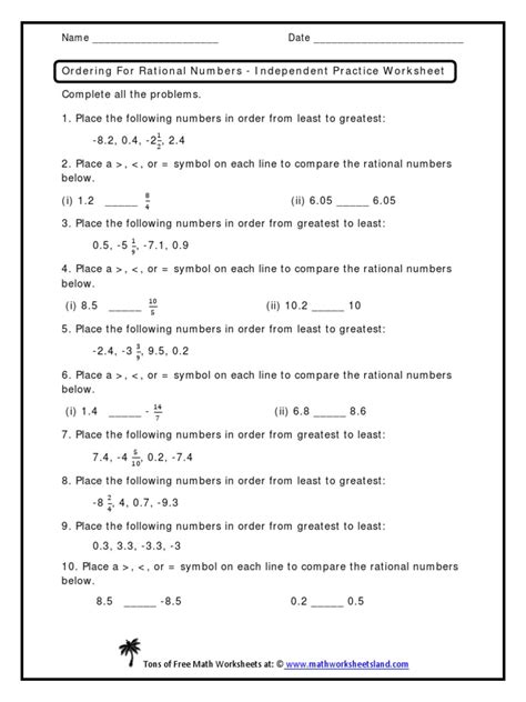 Sorting And Ordering Rational Numbers Worksheet Pdf