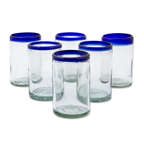 Novica Artisan Crafted Hand Blown Clear Cobalt Blue Rim Recycled Glass Tumblers 14 Oz Classic