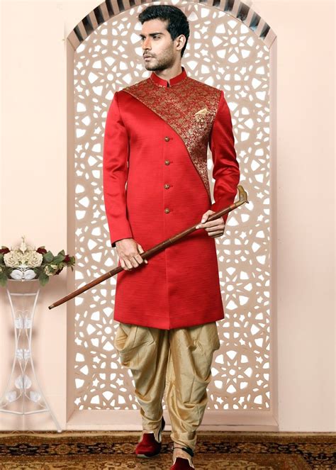 Red Readymade Silk Brocade Dhoti Kurta Wedding Outfit Men Mens Kurta