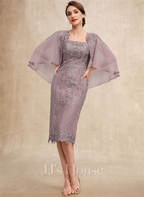 Sheath Column Square Neckline Knee Length Chiffon Lace Mother Of The Bride Dress With Sequins