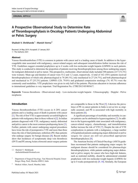 PDF A Prospective Observational Study To Determine Rate Of Thromboprophylaxis In Oncology