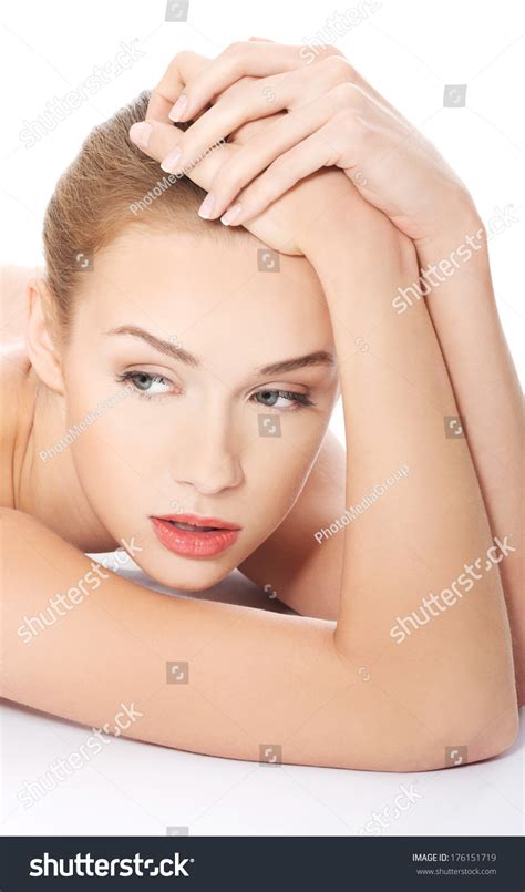 Beautiful Naked Topless Caucasian Woman Lying Stock Photo 176151719