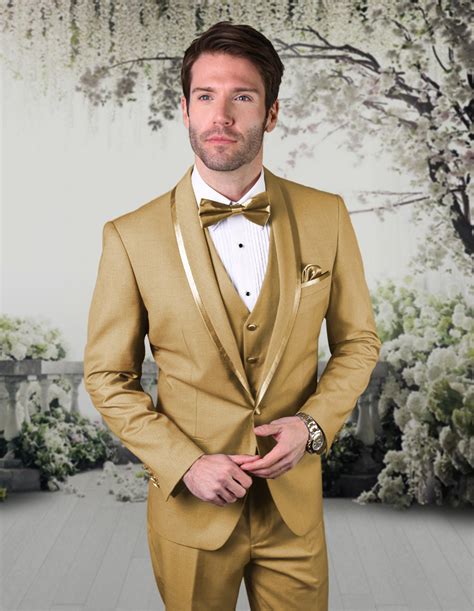 Statement Caesar Champagne 3pc Tailored Fit Tuxedo Suit With Flat Front