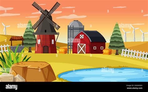 Empty Farm At Sunset Time Scene With Red Barn And Windmill Illustration