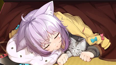 Hololive Nekomata Okayu Anime Girls Anime Sleeping Cats Animals Mammals