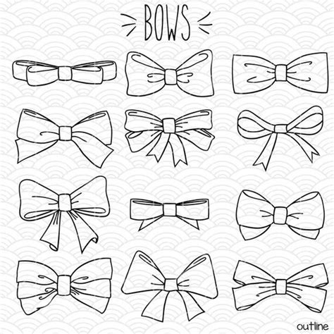 Bows Clip Art Hand Drawn Bow Tie Hair Ribbons Outline Etsy Canada Outline Drawings Bow