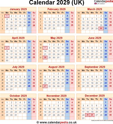 Calendar 2029 Uk With Bank Holidays And Week Numbers