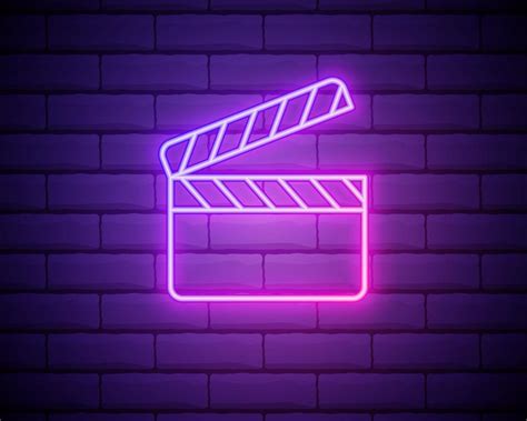 Glowing Neon Movie Clapper Icon Isolated On Brick Wall Background Film