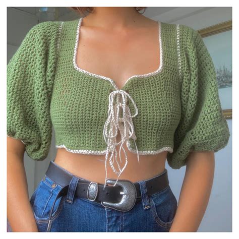 Shop Sustainable 🌍 Crochet Puffed Sleeved Milkmaid Depop Crochet Shirt Crochetshirt