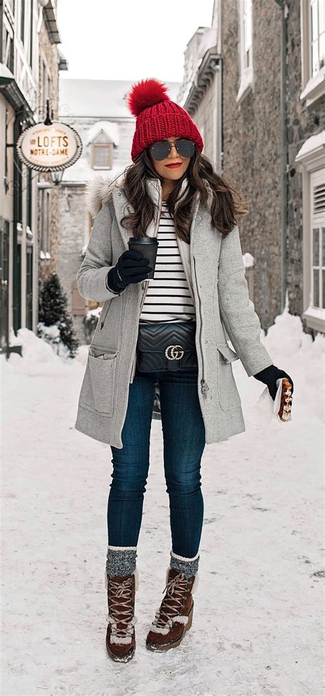 cold weather look winter outfit inspiration quebec city what to wear j crew snow boots lay