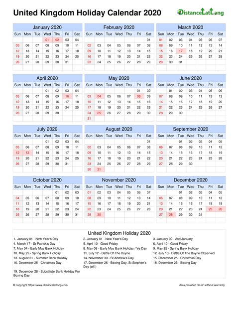 Calendar Horizontal Grid Sunday To Saturday Bank Holiday United Kingdom
