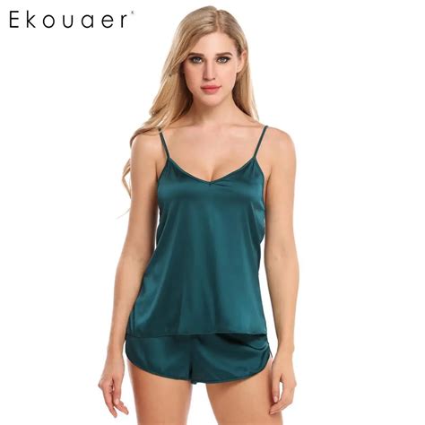 Ekouaer Satin Pajama Set Women Sexy Sleepwear Solid Adjustable