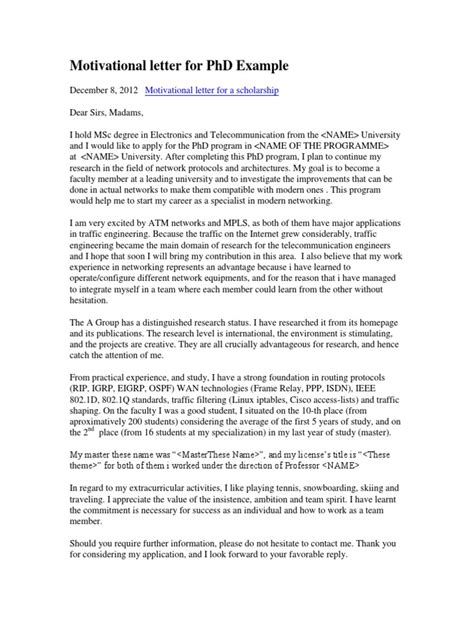 Motivational letters for job and university application. Motivational Letter for PhD Example | Doctor Of Philosophy ...