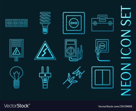 Set Electricity Blue Glowing Neon Icons Royalty Free Vector