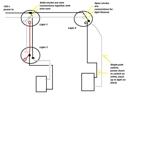 Single pole switches are used to control one or more lights/fixtures from a single location. Could you diagram how to wire two single pole switches to three lights. I have the power running ...