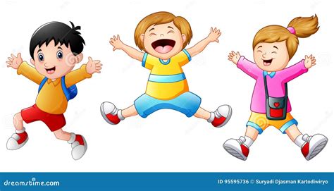 Happy School Kids Cartoon Jumping Stock Vector Illustration Of