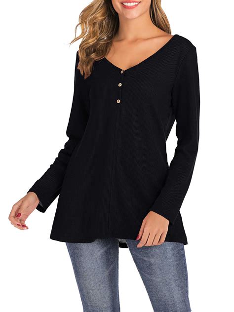 Selfieee Selfieee Womens Waffle Knit Tunic Tops Loose Long Sleeve Button Up V Neck Shirts