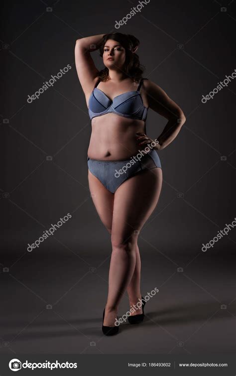 Plus Size Sexy Model In Underwear Fat Woman On Gray Background