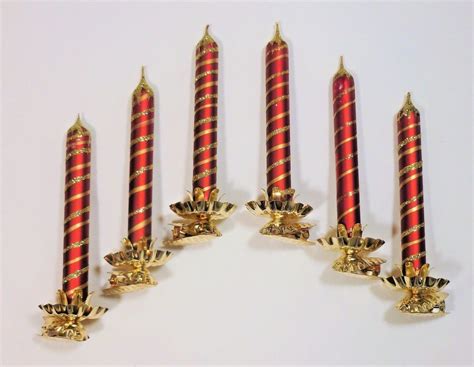 6 Vintage Glass Clip On Christmas Tree Candles Red And Gold Glitter Satin Finish Christmas Tree