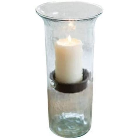 Glass Hurricane Pillar Candle Holder With Rustic Metal Insert Perfect