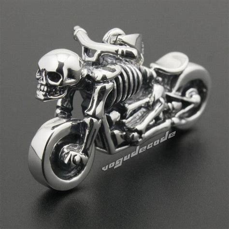 Motorcycle Skull Skeleton 925 Sterling Silver Mens Biker Pendant 8b017