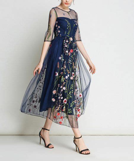 Coeur De Vague Navy Sheer Floral Embroidered Midi Dress Zulily