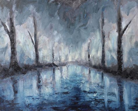 Night Abstract Landscape Oil Painting Reflection Of Trees In Water