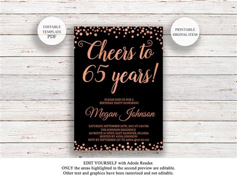Editable 65th Birthday Invitation Cheers To 65 Years Black Etsy