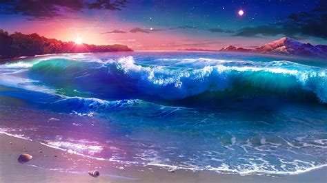 Beach Waves Sunset Scenery Anime 4k 121 Wallpaper