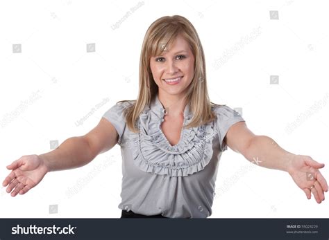 Young Woman Arms Outstretched Welcoming Pose Stock Photo 55023229