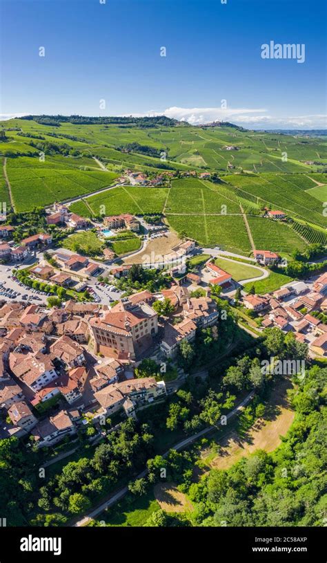 Aerial View Of The Typical Town Of Barolo And Its Castle Castello