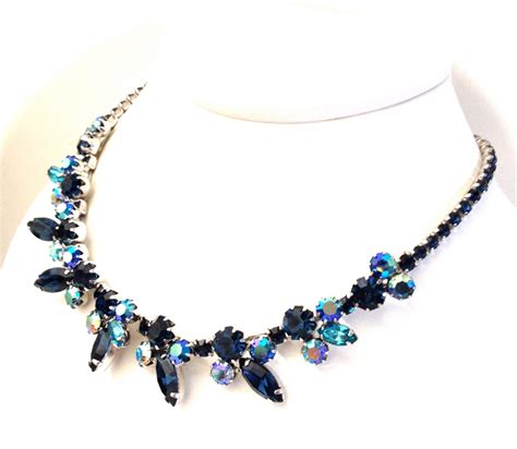 Vintage Weiss Blue Rhinestone Necklace Shades Of Blue Aurora