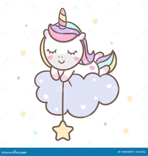 Cute Unicorn Vector Happy Pony Cartoon On Cloud Holding Star Stock