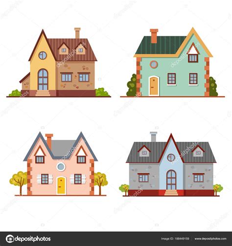 conjunto lindas casas ladrillo vector dibujos animados ilustración del edificio vector de stock