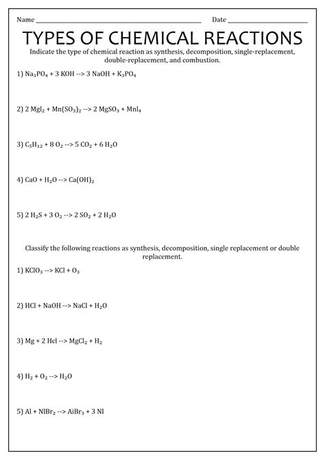 16 Types Chemical Reactions Worksheets Answers