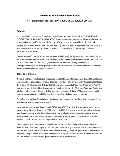 Informe De Auditoria V0 1 Informe De Los Auditores Independientes A