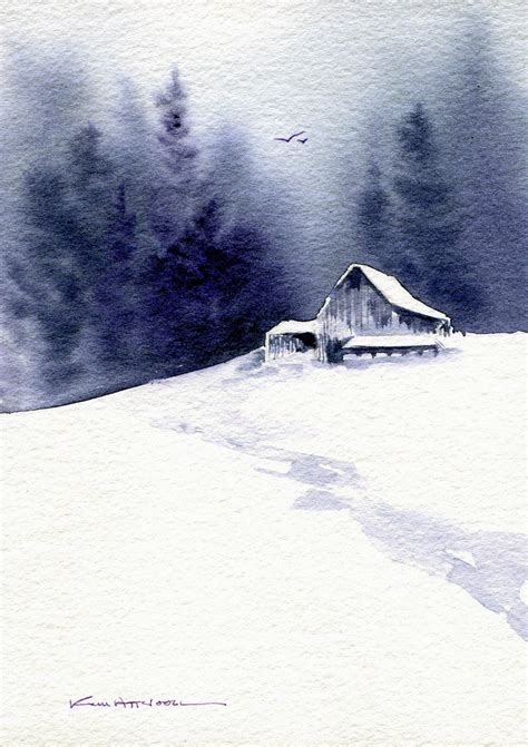 Barn In Snow Watercolor By Kim Attwooll Winter Watercolor Watercolor