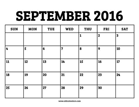 Calendar September 2016 Printable Old Calendars