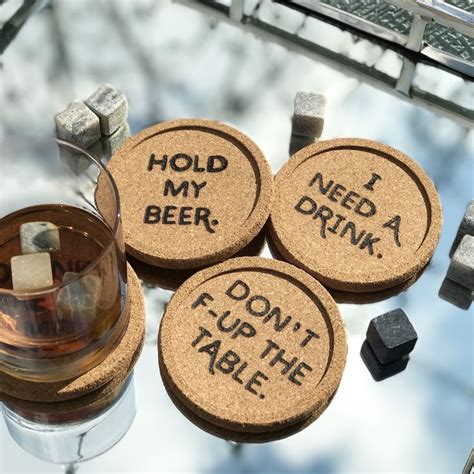 Drinks Are On Us Wood Burned Cork Coasters • 4 Pack • 4 Diameter • Funny Sayings I Need A