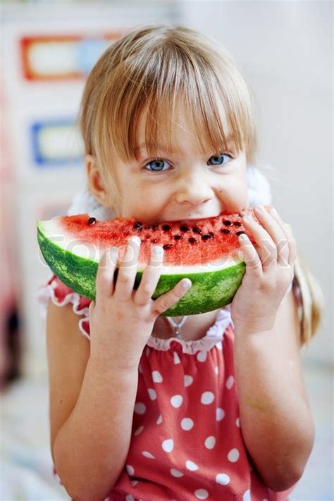 Funny Child Eating Watermelon Closeup Stock Photo Colourbox