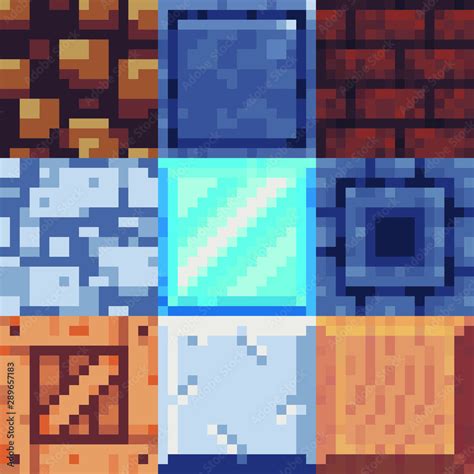 Different Texture Tile Seamless Pattern Set For Pixel Art Style Game Ground Or Stone Wood