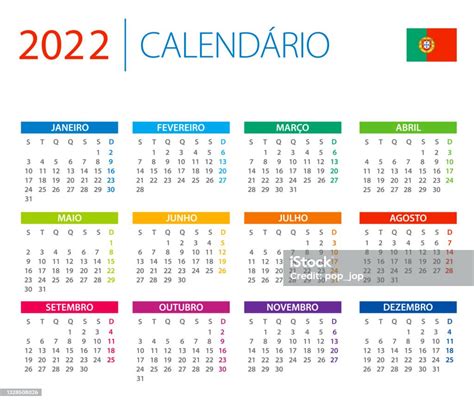 Vetores De Calendário 2022 Portugal Ilustração Vetorial De Cores Versão