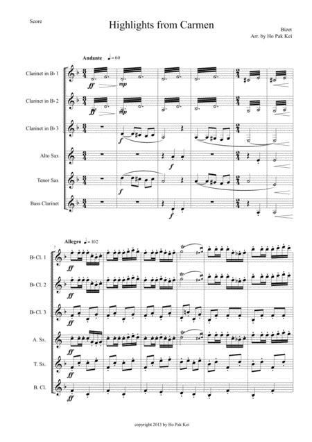 Highlights From Carmen For 3 Clarinets Alto Sax Tenor Sax Bass Clarinet